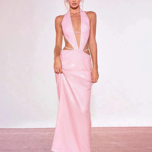 Baby Pink Sexy Women's Sequin Cut Out Front Maxi Dress - Picture 1 of 4